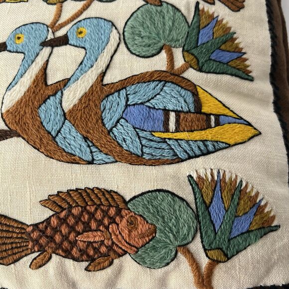 Vtg finished Columbia Minerva Crewel Pillow Egyptian Water Fowl Ducks Fish 7839 - Picture 2 of 8